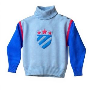 CLAUDE MONTANA Men's Blue and Red Sweater with Shield Design